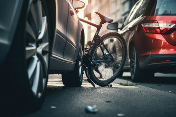 Traffic accident, bicycle on the road after a car hit a cyclist - obrazy, fototapety, plakaty