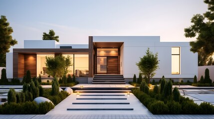 Modern luxury minimalist cubic house, villa with wooden cladding and white walls and landscaping design front yard. Residential architecture exterior.