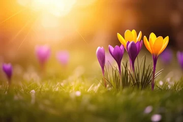 Gordijnen The first spring saffron flowers blooming in the field  © pilipphoto