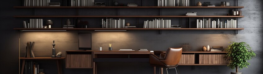 A minimalist study room with a sleek desk, comfortable chair, and organized bookshelves. 4k, high detailed, full ultra HD, High resolution 8K.