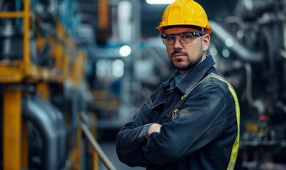 
Portrait of Industry maintenance engineer man wearing uniform and safety hard hat on factory station. Industry, Engineer, construction concept.