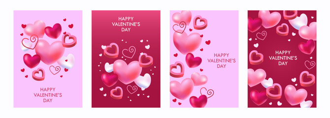 3D hearts. Happy Valentine's Day. Set of templates for banners. Vector modern illustration. Pink color.