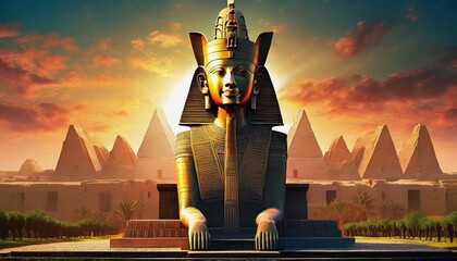 egyptian animal head statue with pyramids on sunset background - obrazy, fototapety, plakaty
