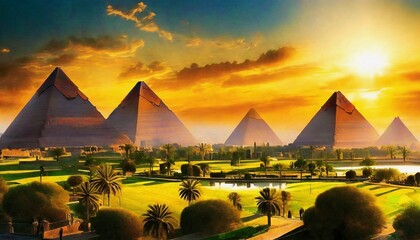 egyptian pyramids at sunset  - obrazy, fototapety, plakaty