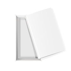 3d Vector Mockup Featuring Top View Of White Open Ajar Carton Box. Realistic Rendering Showcases Cardboard Paper Pack