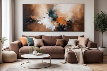brown corner sofa with decorative cushions standing in a bright living room interior with an abstract painting