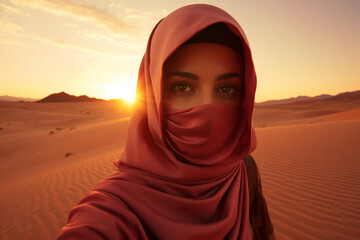 beautiful muslim girl selfie with sunset at the desert - obrazy, fototapety, plakaty