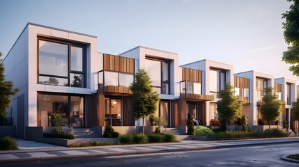 Fototapeta na wymiar Modern modular private townhouses. Residential architecture exterior.