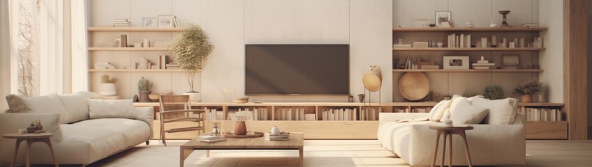 A Scandinavian-inspired living room with neutral tones, clean lines, and cozy textures. 4k, high detailed, full ultra HD, High resolution 8K.