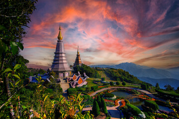 Phra Mahathat Naphamethanidon and Naphapholphumisiri, Doi Inthanon Chiang Mai Thailand.