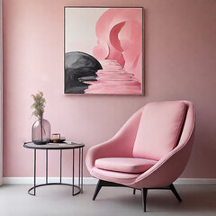 Modern living room with pink armchair with pillow isolated on the pink interior