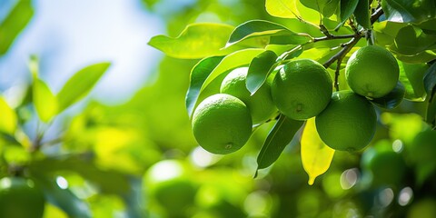 Vibrant green limes adorn a leafy tree , concept of Juicy citrus fruits