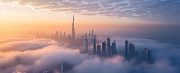 Fototapeta na wymiar Aerial view of Dubai frame and skyline covered in dense fog during winter season