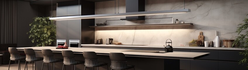 A sleek and modern kitchen with a waterfall island, high-end appliances, and pendant lighting. 4k, high detailed, full ultra HD, High resolution 8K.