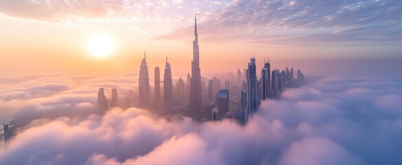 Fototapeta na wymiar Aerial view of Dubai frame and skyline covered in dense fog during winter season