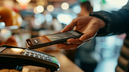 Person is using a smartphone to make a contactless payment at a POS (Point of Sale) terminal.