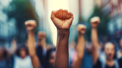 raised fists prominently centered against a blurred background. - obrazy, fototapety, plakaty