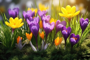 The first spring saffron flowers blooming in the field 