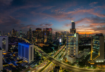 Panoramic view of jakarta City, Indonesia, with beautiful sunset. Jakarta is the largest city in...