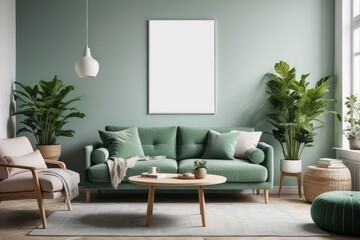 Stylish scandinavian living room interior with design mint green sofa, furnitures, mock up poster, plants, and elegant personal accessories
