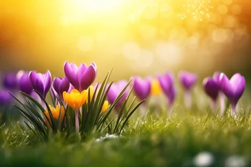 Fotobehang The first spring saffron flowers blooming in the field  © pilipphoto