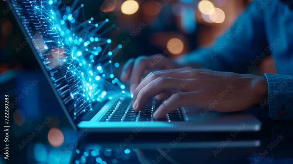Poster close-up view of a person's hands typing on a laptop keyboard. the screen displays lines of code