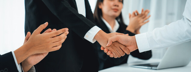 Business people group handshake at meeting table. Job interview success or making successful...