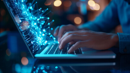 Close-up view of a person's hands typing on a laptop keyboard. The screen displays lines of code