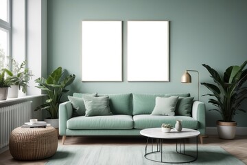 Stylish scandinavian living room interior with design mint green sofa, furnitures, mock up poster, plants, and elegant personal accessories