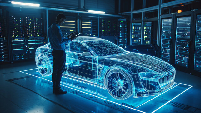 man standing in a server room looking at a tablet, with a holographic projection of a car in front of him