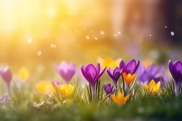 Schilderijen op glas The first spring saffron flowers blooming in the field  © pilipphoto