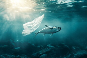 Fish suffer from ocean water pollution from plastic debris - obrazy, fototapety, plakaty