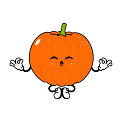 Obraz premium Pumpkin doing yoga character. Vector hand drawn traditional cartoon vintage, retro, kawaii character illustration icon. Isolated on white background. Pumpkin relax character