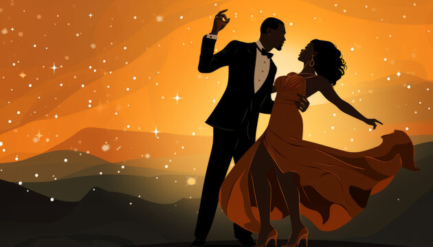 Illustration of a silhouette of a couple dancing elegantly under the starry night sky.