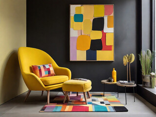 Yellow armchair on the living room isolated on the colorful background.