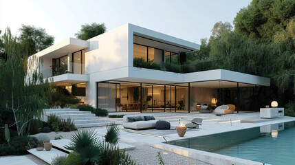 a modernist white mansion with a minimalist landscape and geometric forms. 
