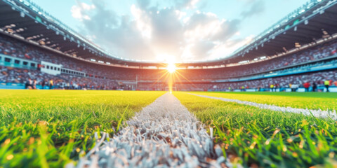 Perspective from stadium's field level at dawn, with sun's rays peeking over horizon and illuminating arena, captures anticipation of upcoming sports competitions and athletic tournaments