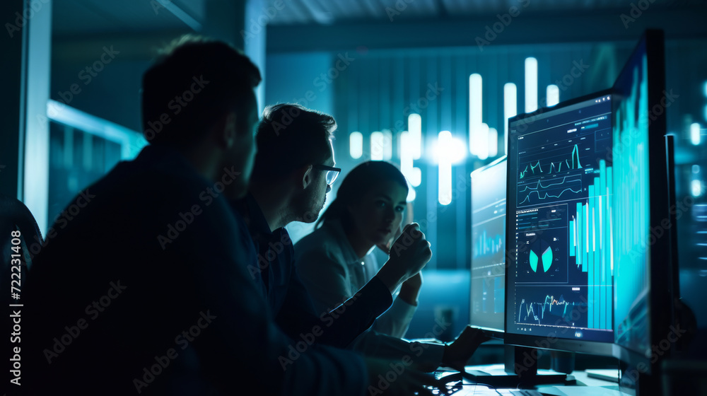 Poster individuals are analyzing financial data on multiple computer screens in a dark room illuminated by 