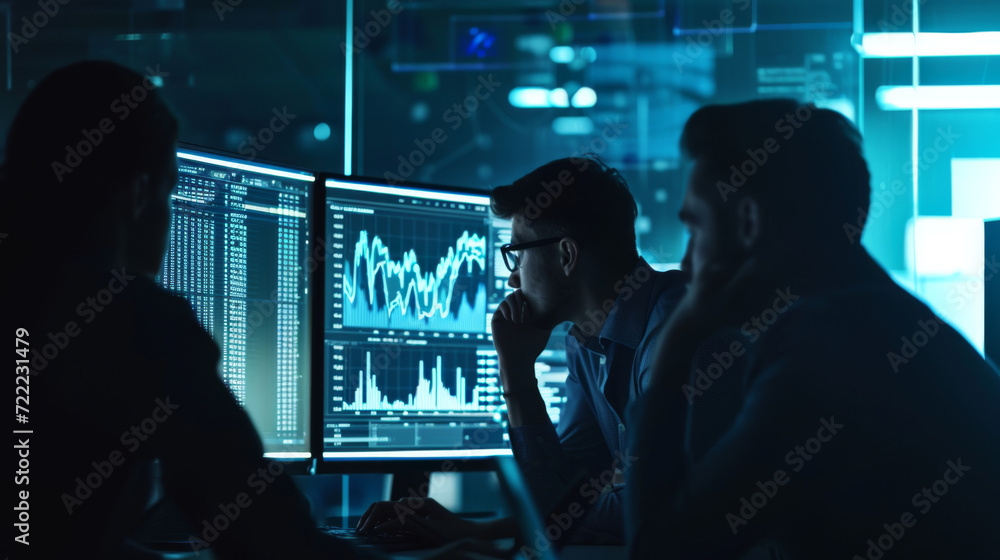 Poster individuals are analyzing financial data on multiple computer screens in a dark room illuminated by 