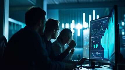 individuals are analyzing financial data on multiple computer screens in a dark room illuminated by the glow of the monitors
