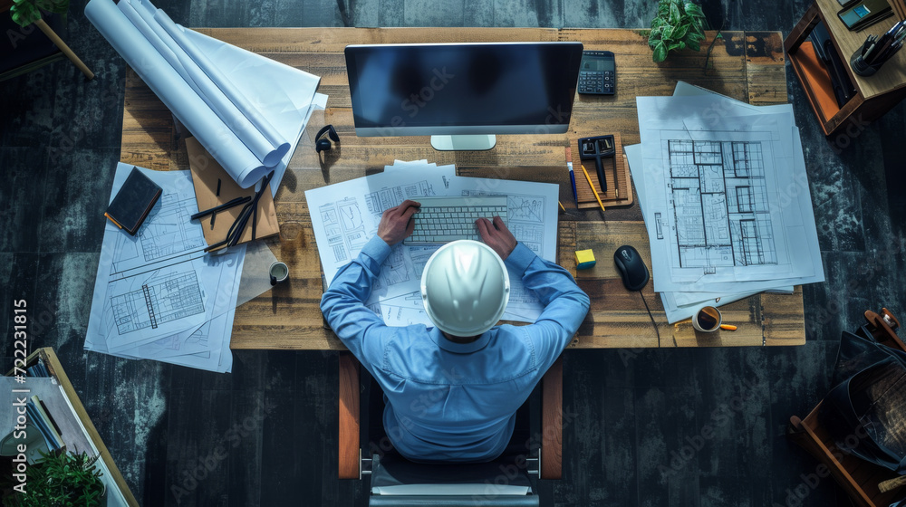 Poster overhead shot of an architect working at a desk with blueprints