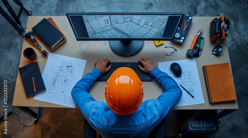 Poster overhead shot of an architect working at a desk with blueprints