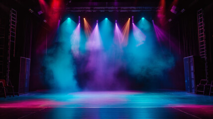 The Stage Awaits - An empty stage under vibrant stage lights and theatrical fog, setting the scene for an upcoming performance - obrazy, fototapety, plakaty