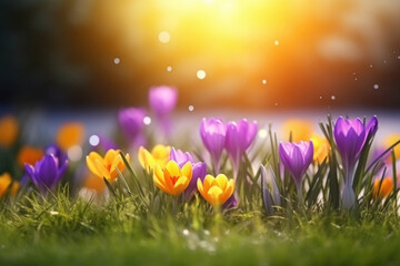 Fototapeta premium The first spring saffron flowers blooming in the field 