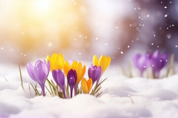 The first spring saffron flowers blooming under the snow in the field  - obrazy, fototapety, plakaty