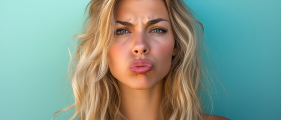 Close-Up of a Playful Blonde Woman Pouting: Expressive Facial Features Against a Serene Blue Background