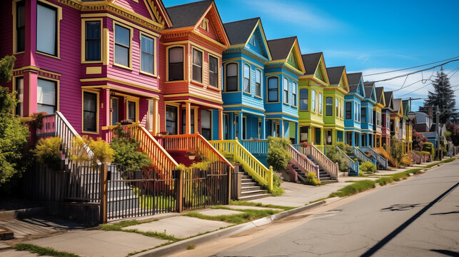a row of colorful, wooden houses with bay windows and decorative railings. Each house is painted in vibrant colors including blue, pink, yellow, and green.