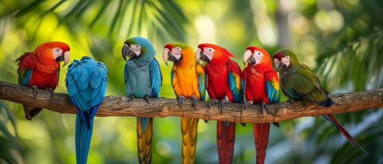 Colorful Gathering of Parrots on a Branch: A Vivid Display of Tropical Wildlife and Nature's Palette