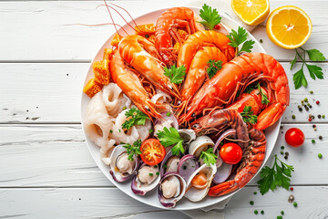 Healthy nutrition plate with colourful sea food on white wooden background