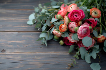 Banner with pink ranunculus and eucalyptus branches on dark wooden background